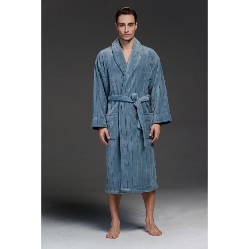 JCF1917 Jacquard Stripe Coral Fleece Dressing Gown Smoky Blue